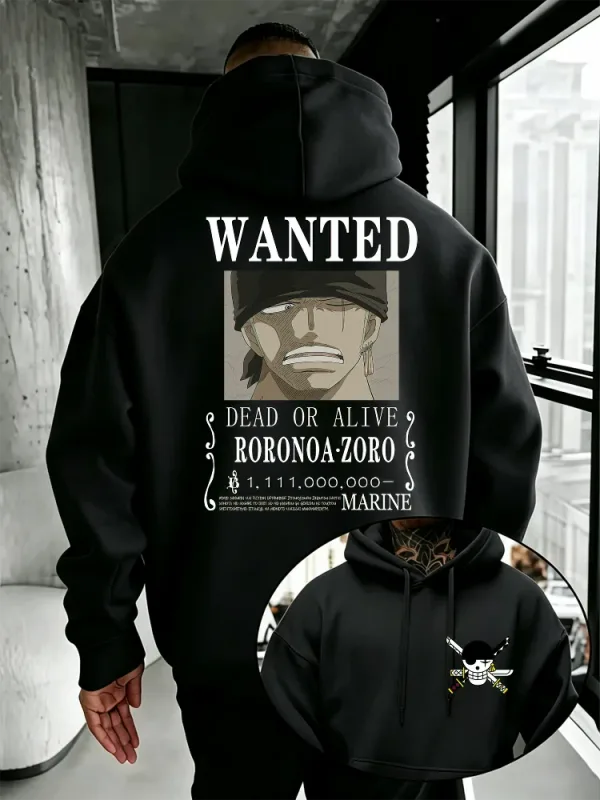 Bandai One Piece Mens Hoodie New Autumn Winter High Quality Warm Pullover Featuring Zoro Wanted Poster Print Casual Style