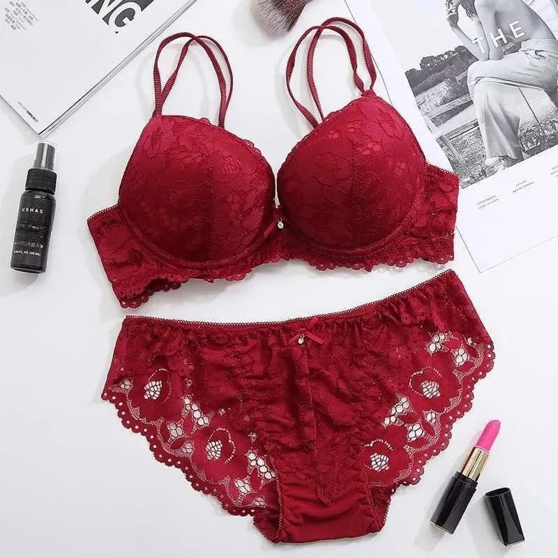 Sweet Mesh Lace Flower Bra Low Waist Bowknot Bra Panties Set Non Slip Lingerie Push Up Bra Women