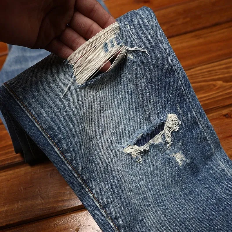 Fake ripped applique American vintage vintage jeans men's youth heavy straight leg loose conical denim pants trend