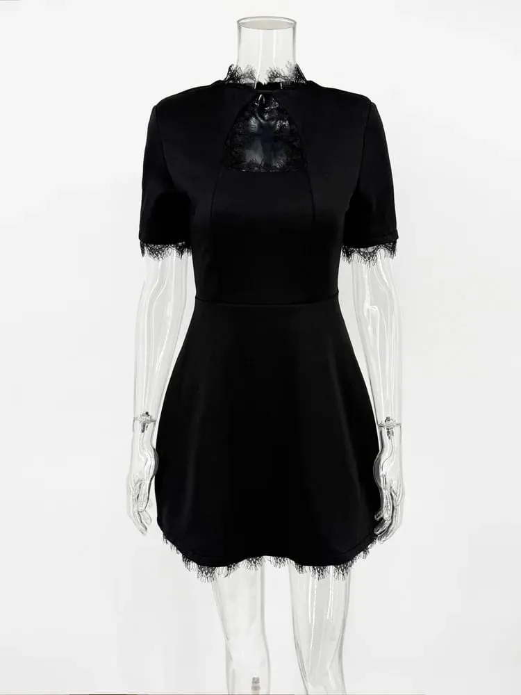 Tossy Black Lace Hollow Out Mini Dress Female Patchwork Short Sleeve Sexy High Waist Party Dress Women's Casual Printed Dress — image 6