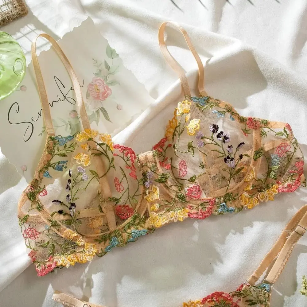 2-Piece Versatile Floral Lingerie Set Embroidery Sheer Boho Bra Panty Set Women Underwear