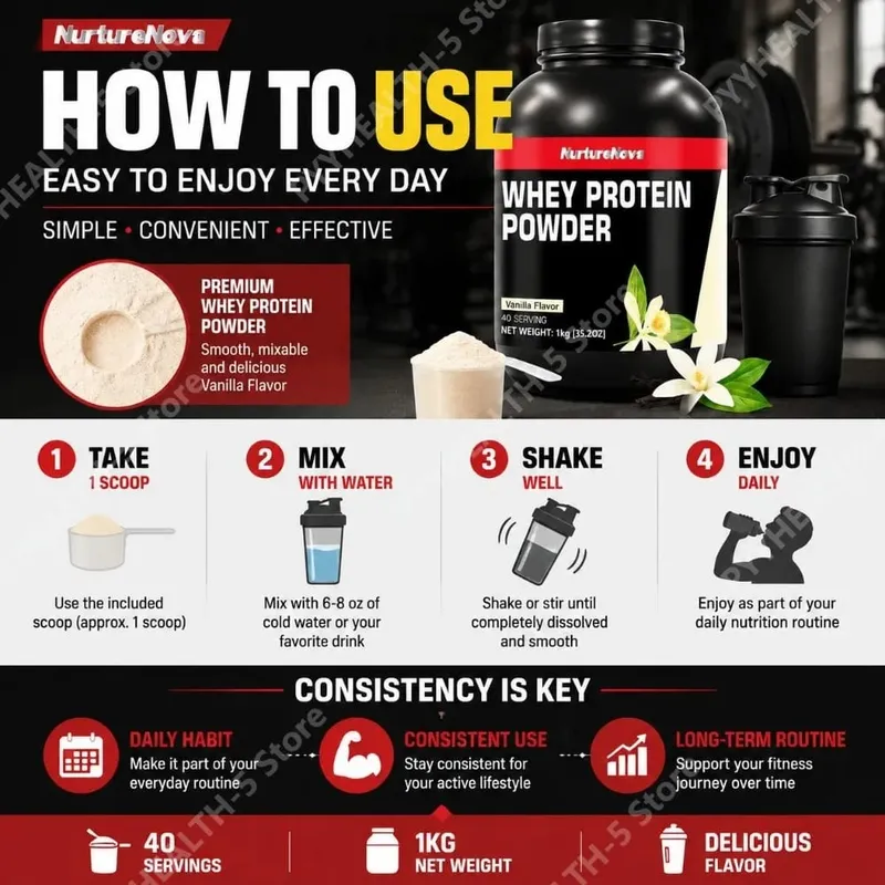 NurtureNova Whey Protein Powder Build Muscle Muscle Recovery Sports Vanilla Flavor Whey Protein Powder 40 Servings 1kg (35.2oz) — image 5