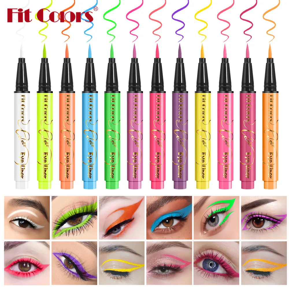 12-color UV Fluorescent Eyeliner Pen Neon UV Reactive Liquid Eyeliner Waterproof Long Lasting Matte Colorful Eye Liner Makeup