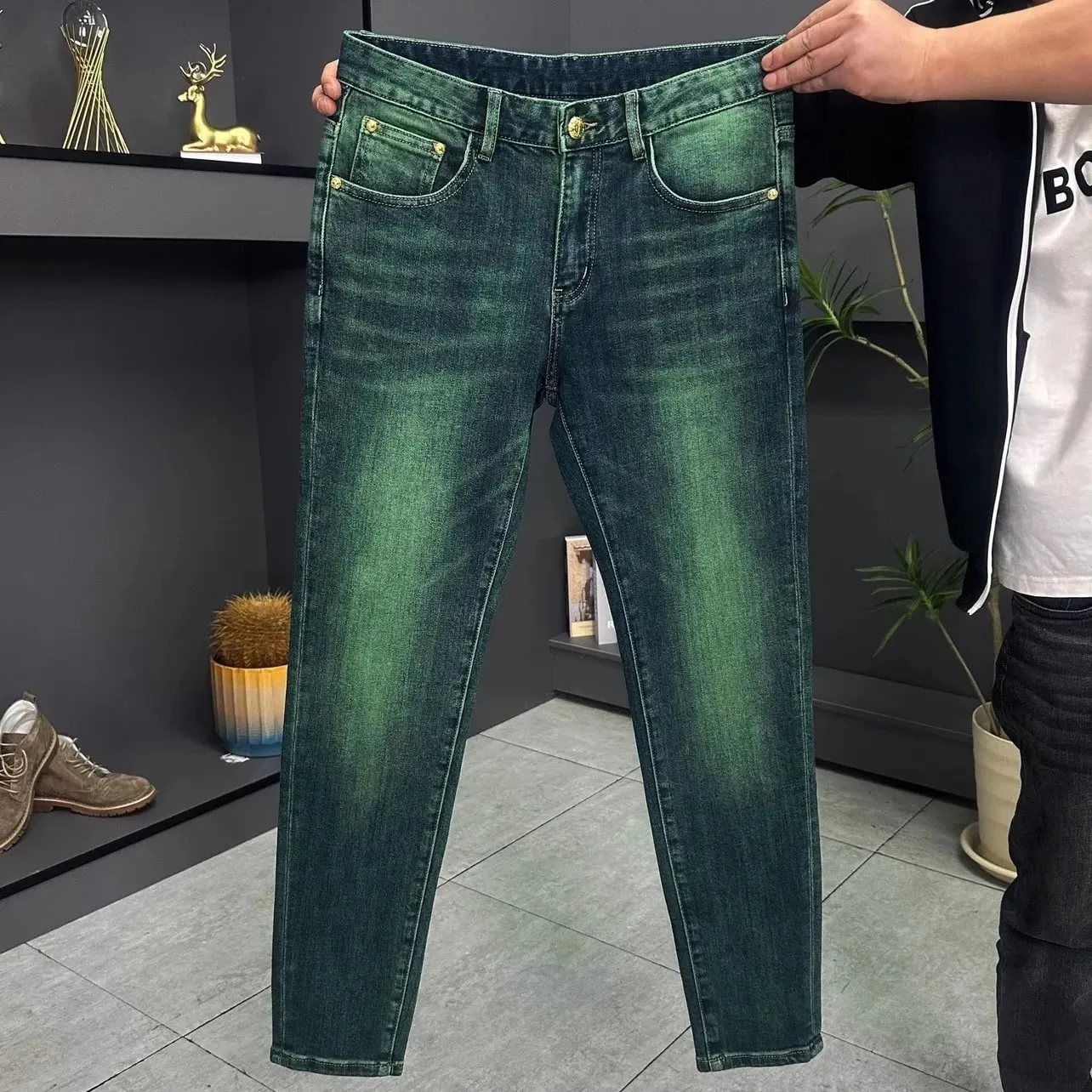 Men's Green Water Ghost Jeans Slim Fit Small Feet High Quality Gradient Color Daily Casual Youth Suitable for All Seasons