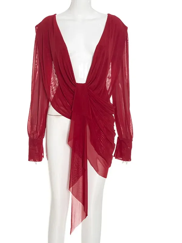 Beyprern Chic Y2K Aesthetic Plunging Neckline Mesh Top Female Draped Asymmetrical Long Sleeve Cover Up Blouse Night Out Clubwear