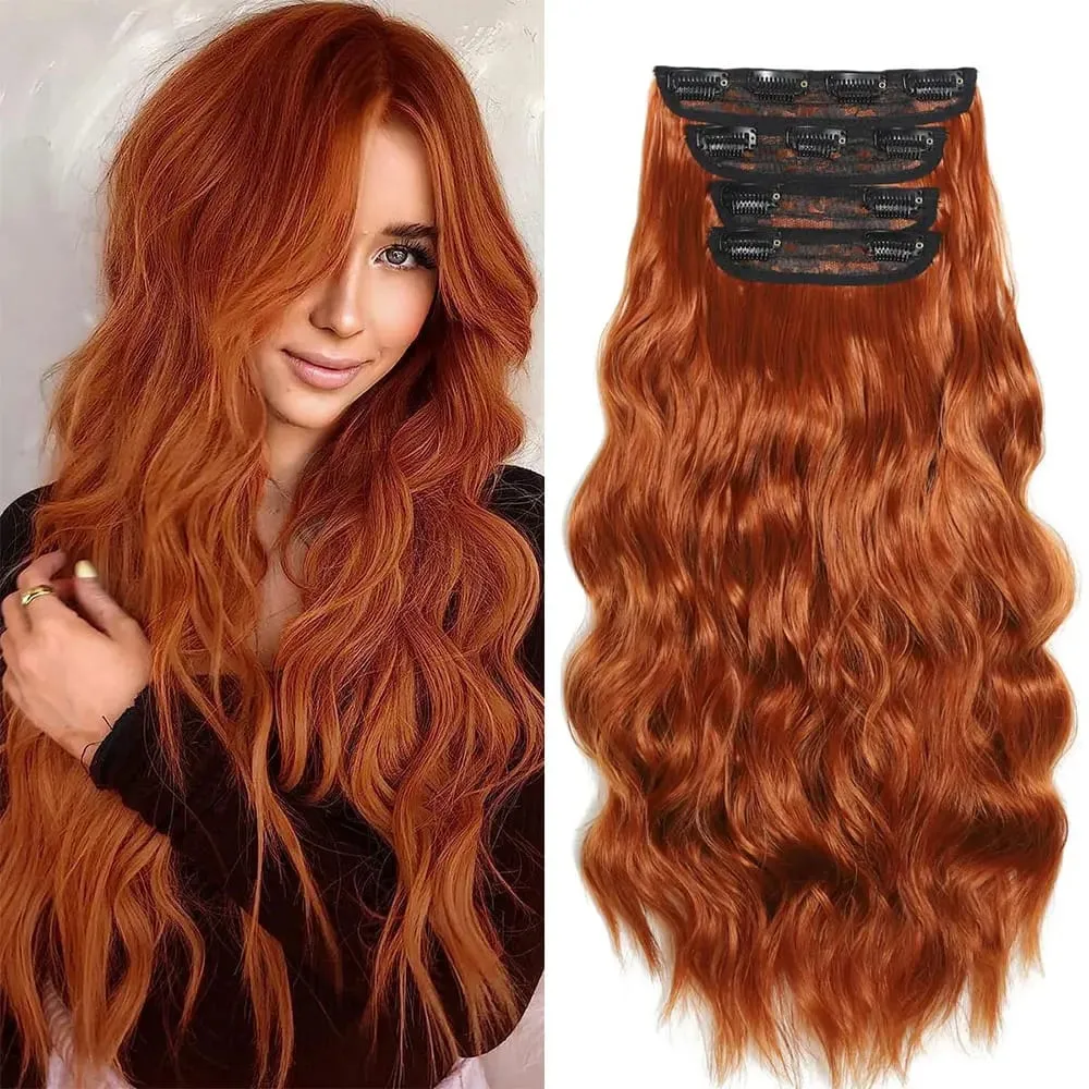Copper Red Long Wavy Clip in Hair Extensions 20 Inch 4Pcs Double Weft Synthetic Hairpieces Full Head for Women Party Cosplay