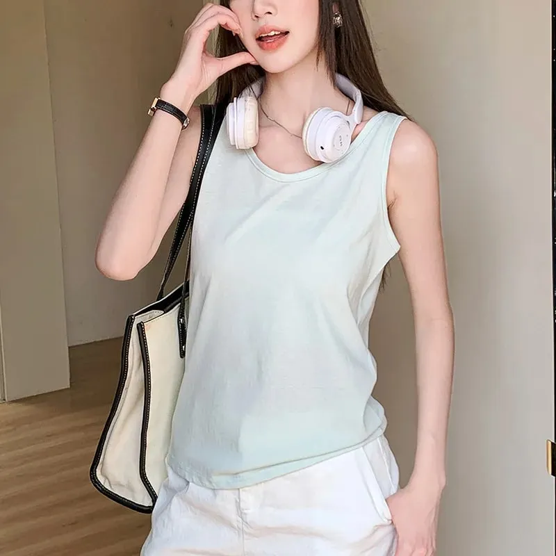 Women Cotton Tank Top Summer Outerwear Loose-Fitting Fitted Layering Round Neck Sleeveless Lightweight Breathable Simple Casual