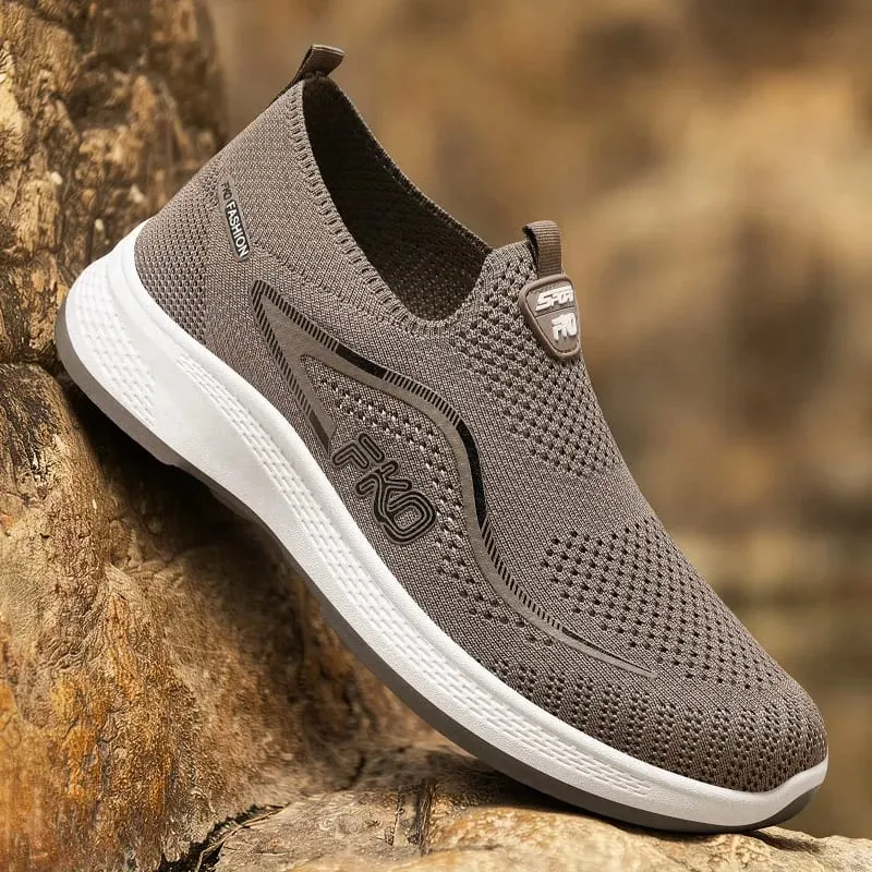 Men Slip‑on Flying Knit Sneakers Breathable Mesh Upper Lightweight Thick Sole Non‑slip Walking Casual Sports Shoes