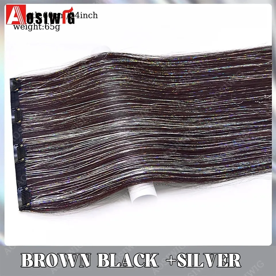 Blue Glitter Tinsel Clip in Hair Extensions One Piece Straight Synthetic Hairpiece with Sparkle Strands for Women Party Daily