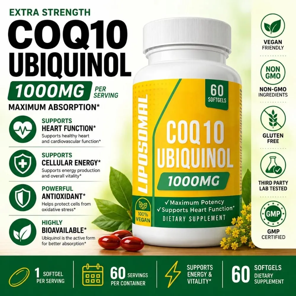 CoQ10 Ubiquinol 1000mg Vegan Softgels 60 Ct Liposomal High Absorption Coenzyme Q10 for Heart Energy Antioxidant Daily Support — image 1
