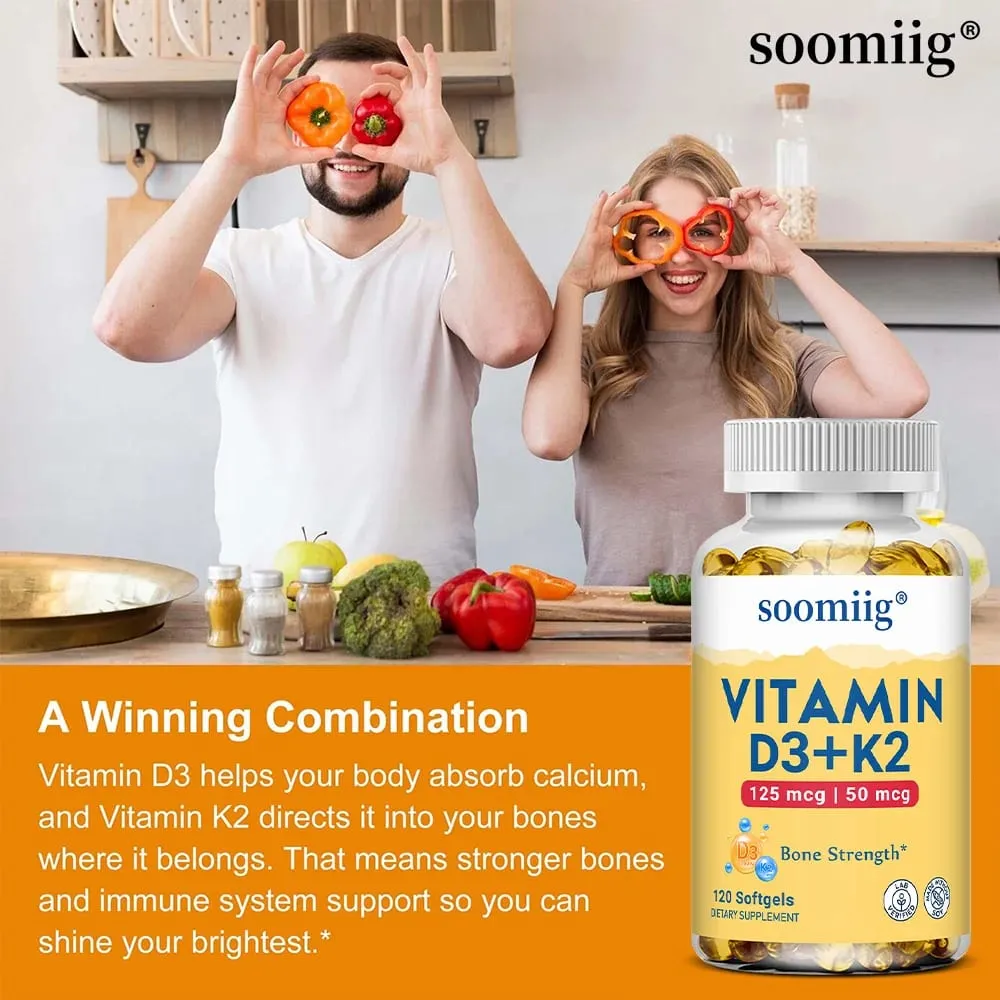 Vitamin D3+K2 Capsules 5000IU 120pcs Bone & Immune Support Vegan Supplement for Bone Precision and Overall Health