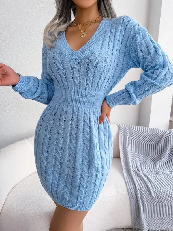 VigoCasey 2026 V Neck Casual Short Knit Dress Autumn Winter Women Solid Long Sleeve Dress Lady Khaki Bodycon Knitted Dresses