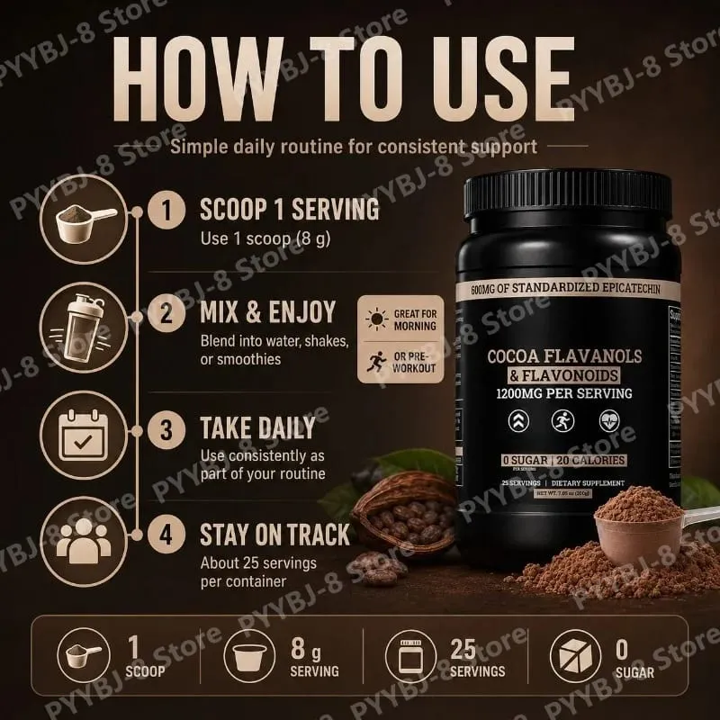 Cocoa Flavanols & Flavonoids Powder 200g (25 Servings) with Epicatechin 600mg Supports Antioxidant & General Wellness Sugar-Free