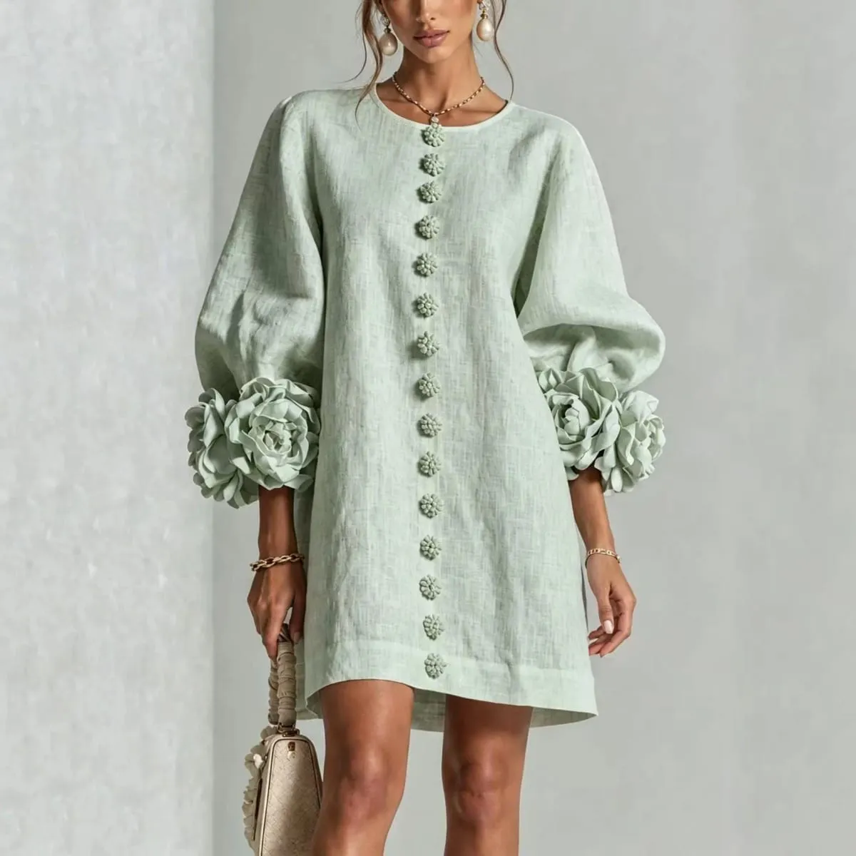 Women Spring Autumn 3D Flower Long Lantern Sleeve Cotton Linen Mini Dress Solid Crew Neck Loose Elegant Daily Wear Short Dress — image 6