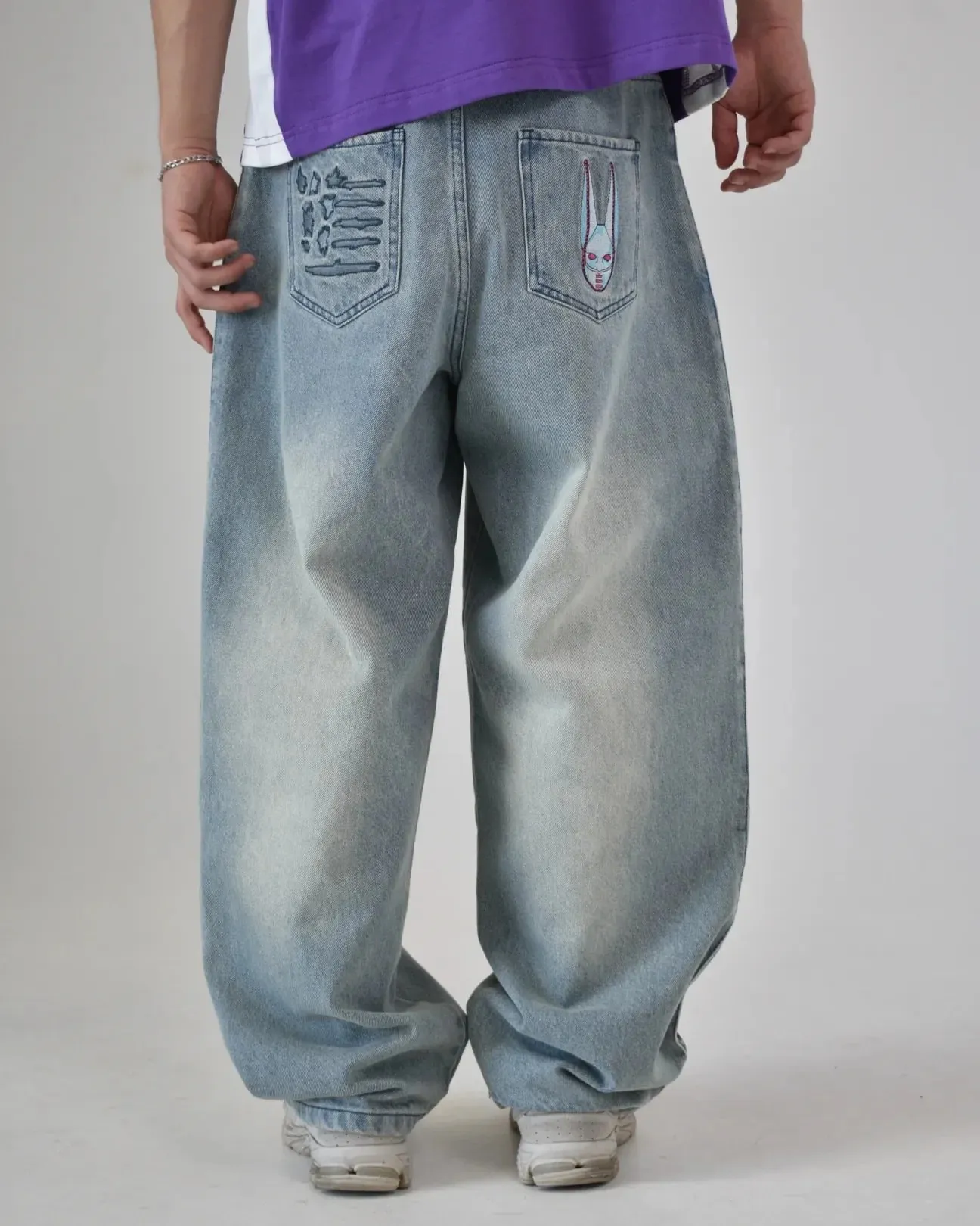 Y2K Anime JoJo Street High Waisted Loose Jeans Pink Heart-shaped Embroidery Loose Washed Denim Pants Wide Leg Pants