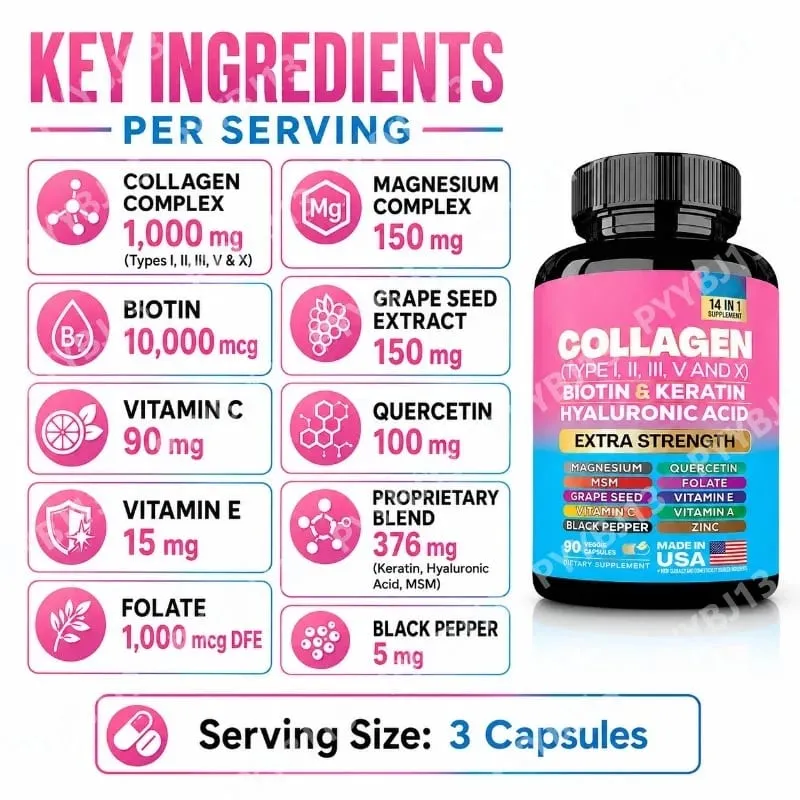 Collagen Biotin Keratin Hyaluronic Acid Capsules Extra Strength with Vitamins A C E and Zinc Skin Health 90 Capsules — image 3