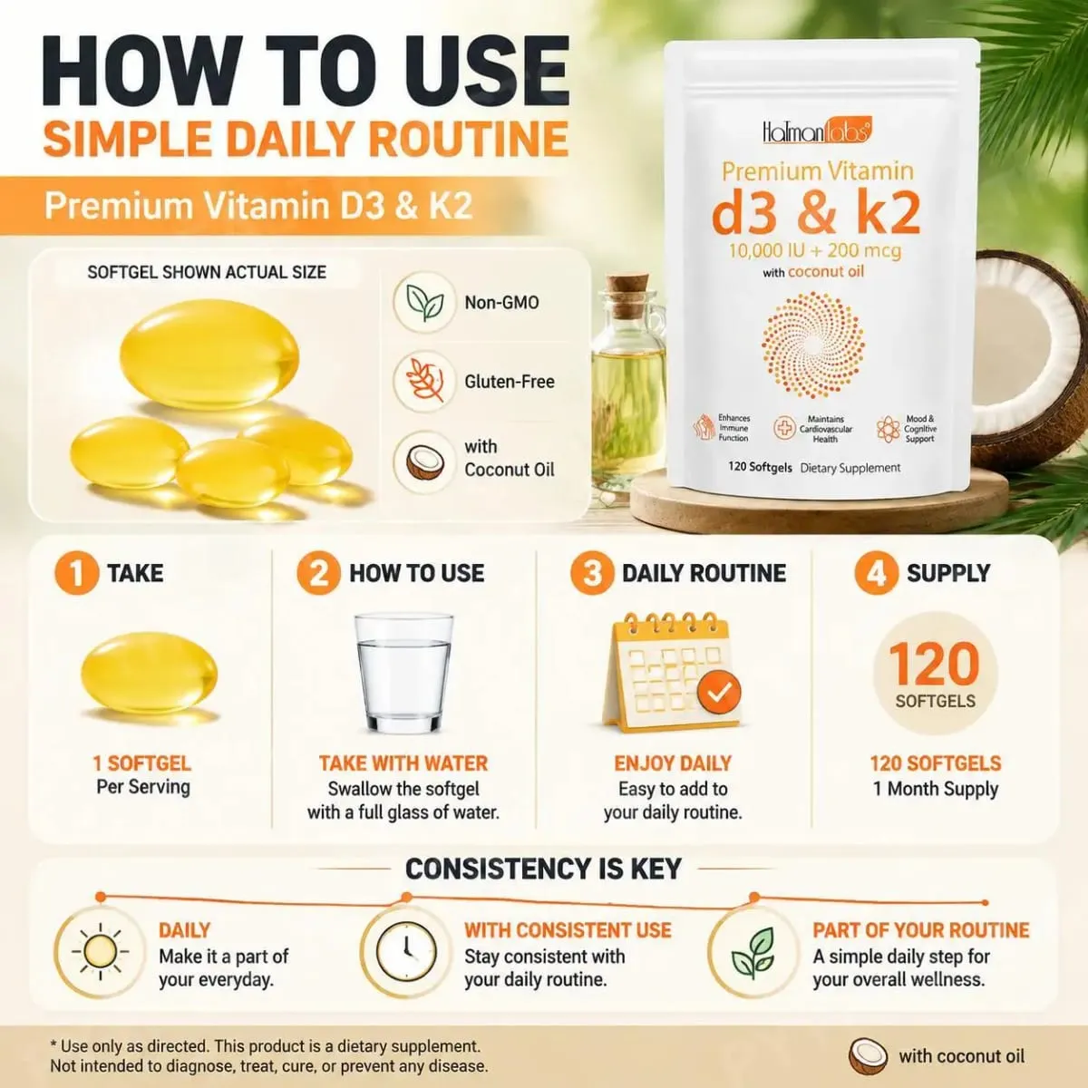 HatmanLabs Vitamin D3 & K2 Softgels with Coconut Oil Bone Health & Cardiovascular Support 120 Softgels Non-GMO Gluten-Free