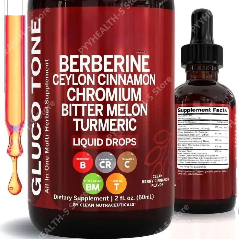 Berberine with Ceylon Cinnamon Supplement Liquid Drops + Bitter Melon Extract Glucomannan Gymnema Chromium Turmeric 60ml