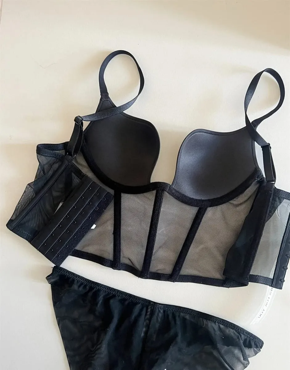 Sexy black fishbone bra underwear with steel ring top support lingerie bra set gathering women large size bralette