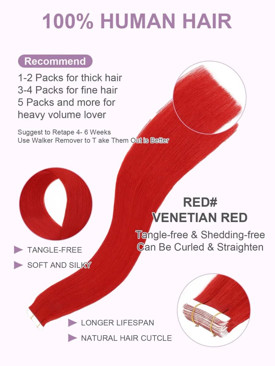 Red Color 20Pcs Tape-In Hair Extensions 100% Remy Human Hair Straight Highlight Color for Women Add Hair Length And Volume 50g