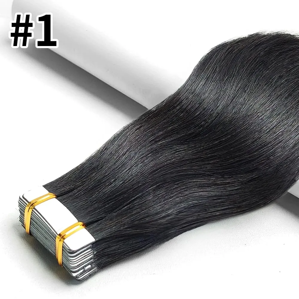 20Pcs/50g Straight Tape In Hair Extensions Full Head 100% Human Hair Tape ins Adhesive Invisible Glue Natural Black 24 26 Inches