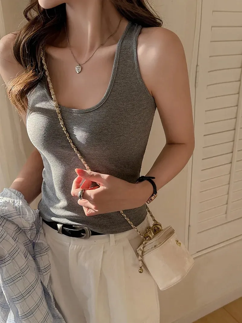 Women's Solid Color Lace Korean Vest Summer Trendy Singlet Cotton Sleeveless Camisole U-Neck Comfortable Female Tank Tops — image 5