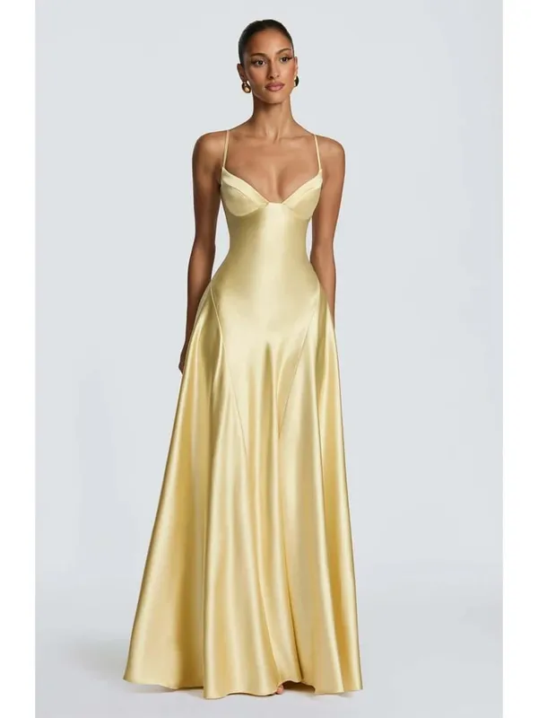 Femmes jaune coupe basse dos nu taille haute Robe à lacets sans manches taille Cincher Spaghetti sangle robes fête Club femmes Robe