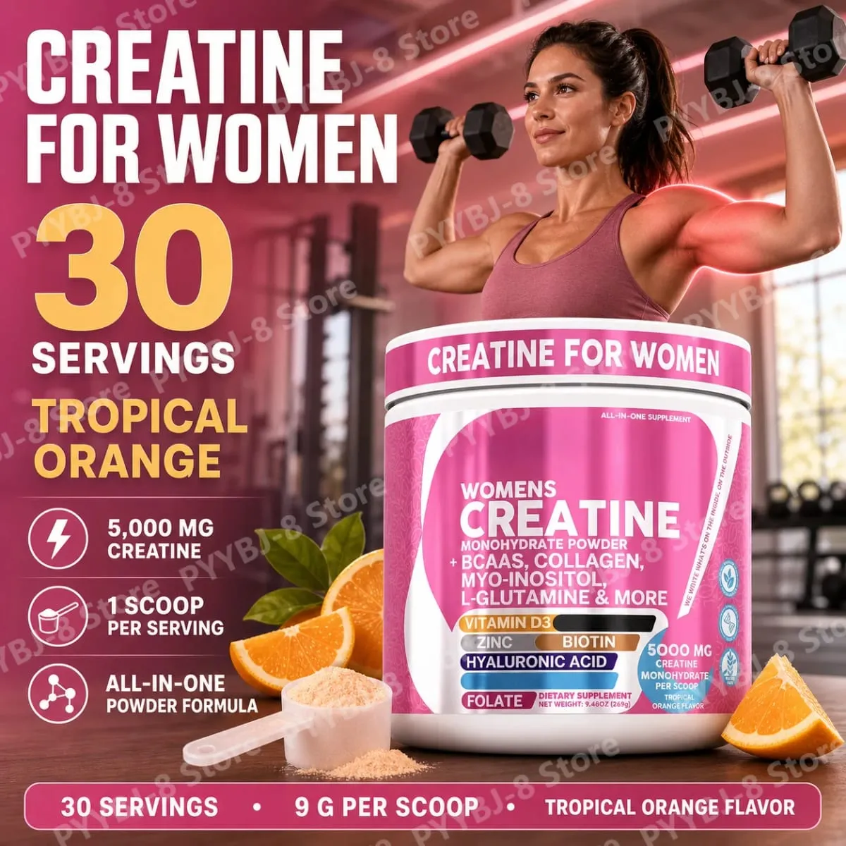 Kvinders kreatinmonohydratpulver 5000mg BCAA Multi-Collagen Biotin Vitamin D3 Tropical Orange Sports Nutrition 30 portioner
