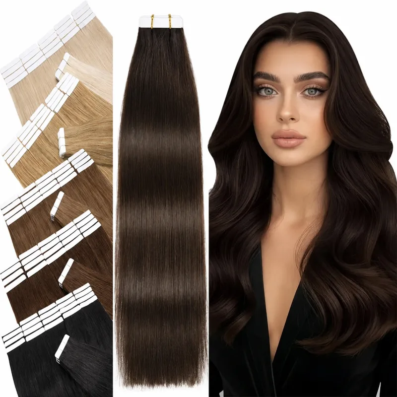 Tape In Hair Extensions Human Hair Dark Brown 50G 20Pcs Invisible Seamless Skin Weft Remy Human Hair Brown Tape Hair Extensions