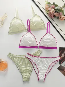 Conjunto de lingerie triangular de cetim feminino, 2 conjuntos de sutiã de fechamento frontal sem fio com acabamento de babados, sutiã e calcinha macio e confortável para uso diário