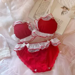 Lingerie menina fada bowknot chiffon estilo fino bonito sem anel de aço triângulo copo conjunto sutiã feminino tamanho grande bralette calcinha 2 pçs