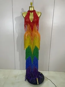 Robe longue de couleur arc-en-ciel pour femmes, diamants scintillants, Sexy, en maille, robes de soirée, de Club d'anniversaire, de séance photo, Costumes de scène