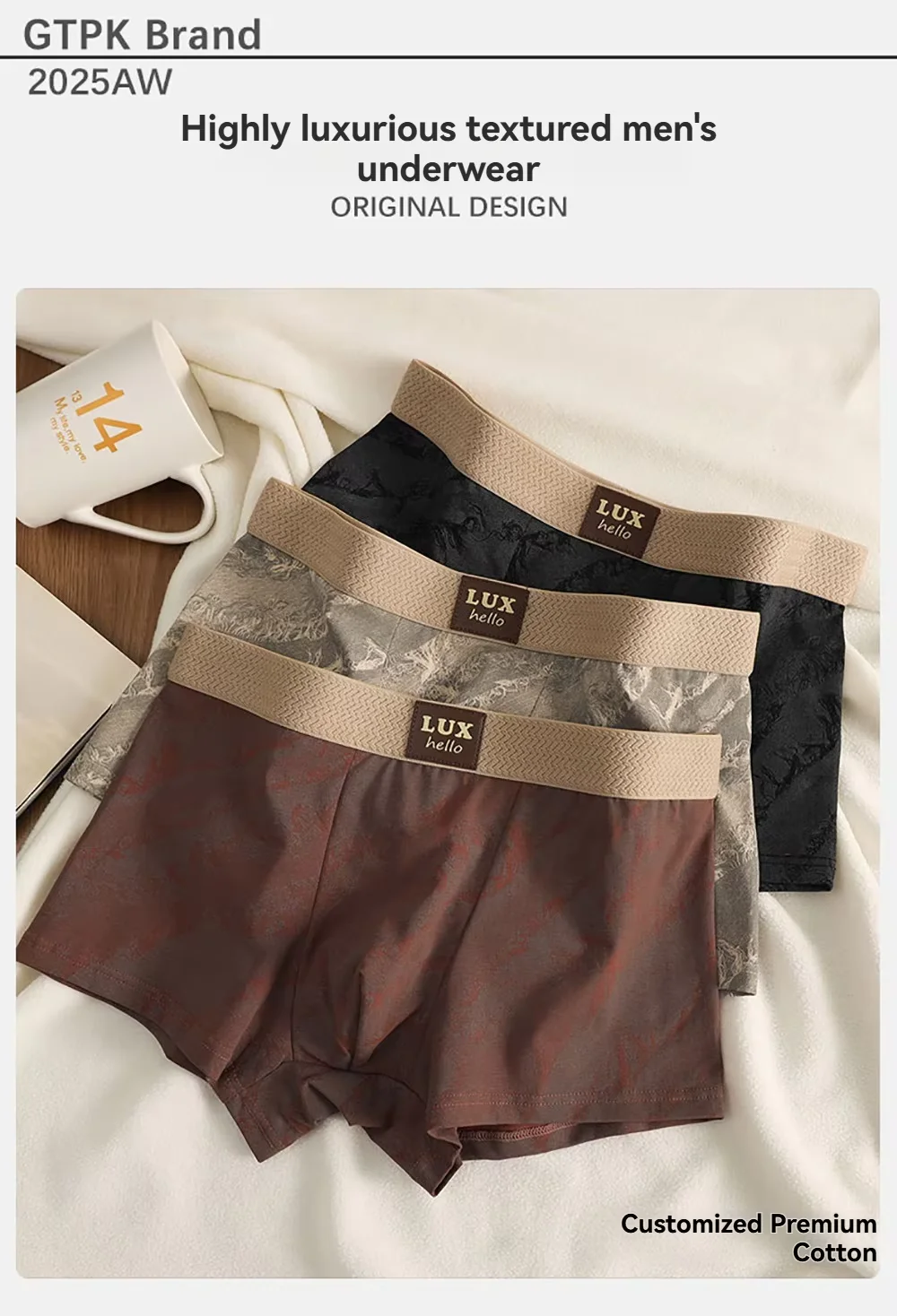 Boxer de luxe imprimé 100% coton, 3 pièces/paquet, maille 3D, respirant, antibactérien, sous-vêtements, culottes confortables et douces pour hommes