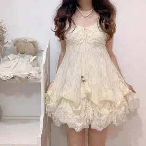 2026 Woman Japanese Sweet Lace Flower Y2k Aesthetic Bandage Grunge Dresses Harajuku Sleeveless Patchwork Vintage Dress Chic