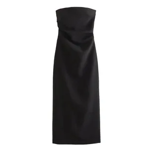 Women Fashion Summer New Sexy Split Back Zip Pleated Sleeveless Strapless Dress Chic Female French Elegant Evening