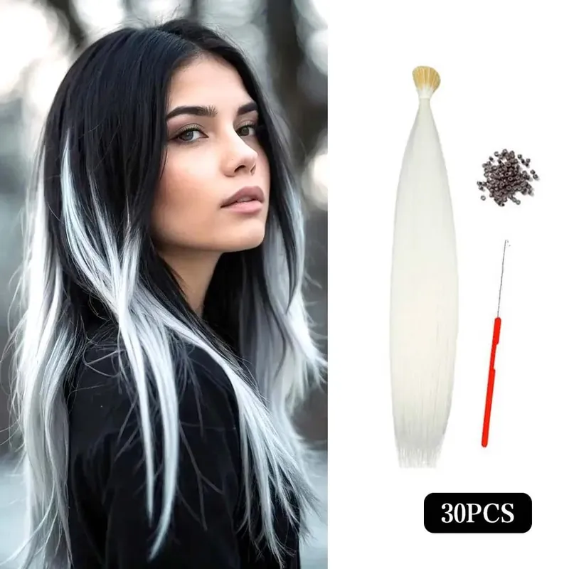 30 Stück farbige Haarverlängerung 16-Zoll-I-Tip-Synthetikverlängerungen. Dieses lange Set für Damen enthält Perlen und ein Häkelwerkzeug