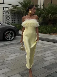 Vestido largo de satén amarillo con flecos para mujer, vestidos largos ceñidos con cintura sin tirantes, elegantes, para vacaciones de verano, 2025
