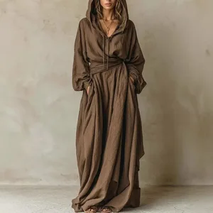 Vestido de noche para mujer, vestidos con cuello en V estampados de poliéster y algodón, vestido largo con cinturón y corte holgado, vestido largo estilo bohemio con cintura envolvente