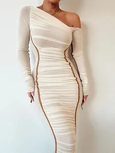 Hugcitar Mesh Solid Diagonal Krave Langærmet Draperet Sexet Gennemsigtig Bodycon Maxikjole Sommermodetøj Festival Club