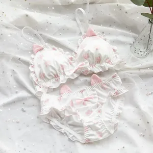 Conjunto de sutiã japonês macio para meninas, design de pata de gatinho fofo, tecido de seda de leite, copo triangular sem fio, lingerie feminina