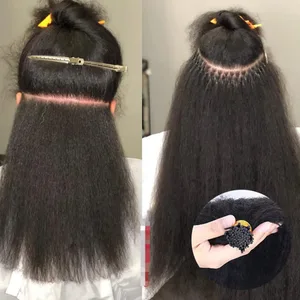 I Tip Hair Extensions Kinky Straight Human Hair #1B Pre Bonded Remy Micro Links Human Hair Extensions Natural Black 1g/pramínek