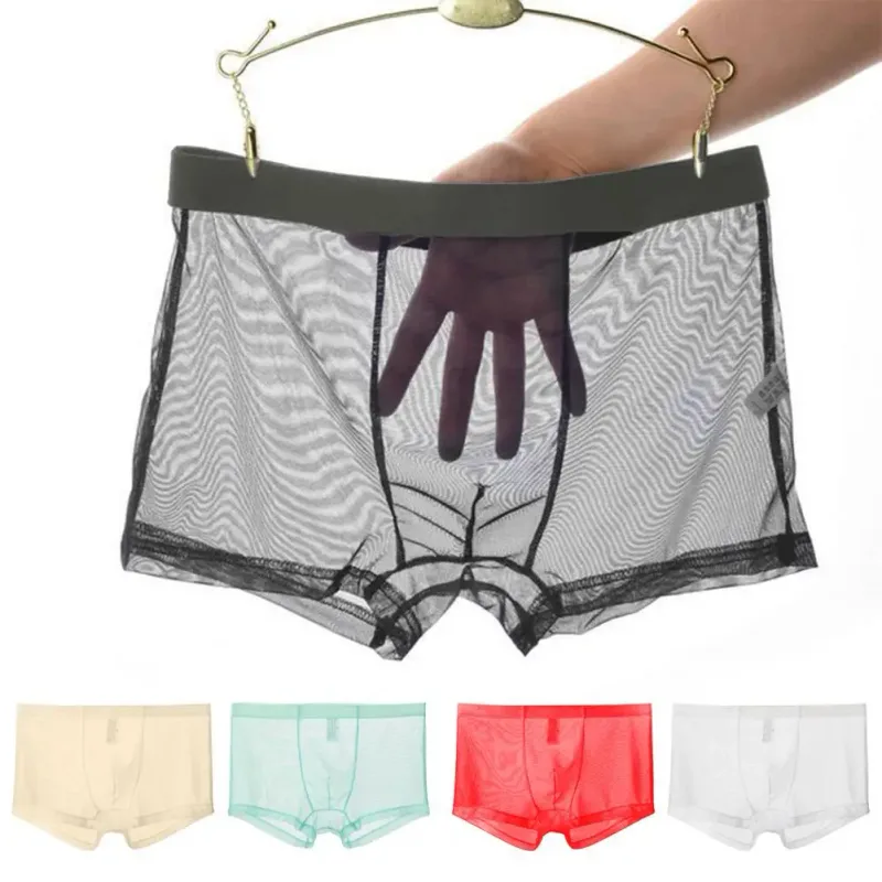 Boxers transparents pour hommes, caleçons transparents en maille, taille basse, soie glacée, culottes fines et rafraîchissantes pour hommes