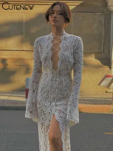 Cutenew renda pura feminina maxi vestido sexy sólido moda manga longa o-pescoço bandagem bainha vestidos femininos deslumbrante noite robe