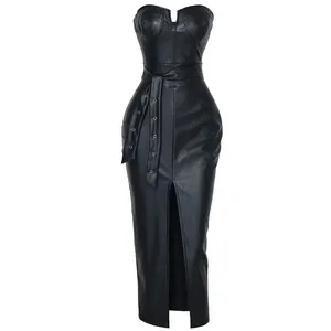 Sexy Strapless Bodycon PU Leather Dress Women Split Rivet Drop Draped Dress Club Party Wear Female Vestidos
