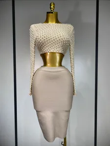 Dámské Sexy Síťovina s dlouhým rukávem Perleťový Top Celebrity Midi Dámská Bandáž Set 2025 Designer Evening Party Luxusní dvoudílná sada k narozeninám