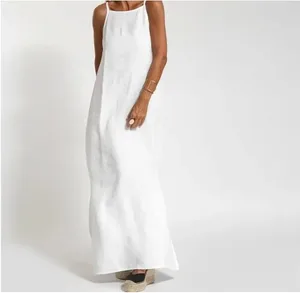 Robe longue en coton et lin pour femmes, fendue sur le côté, sans bretelles, couleur unie, robes de soirée de vacances, été