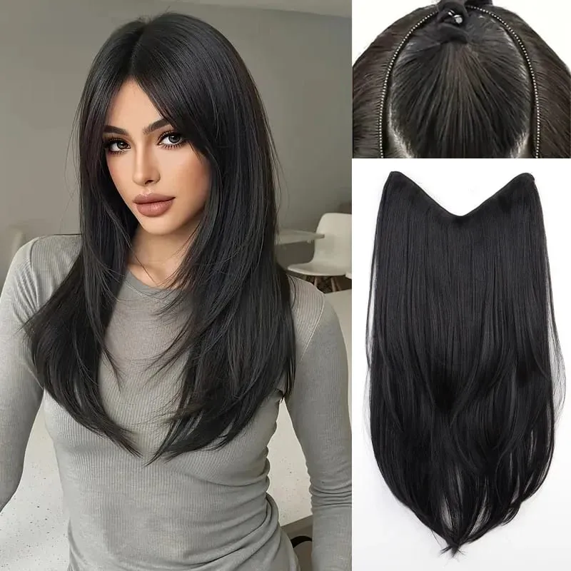 22 Inch U Shape One Piece Hair Extensions Long Layered Inward Curly Synthetic Wig Invisible Seamless Hairpiece For Women Daily W