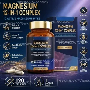 Viên Nang Phức Hợp Magie 12 Trong 1 12 Loại Magie Hoạt Tính Dạng Glycinate Citrate Hấp Thụ Cao 120 Viên