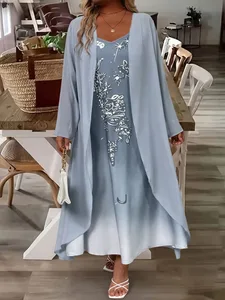 Plus-Size Γυναικεία Μόδα: Άνοιξη/Φθινόπωρο Κομψό και κομψό σετ φόρεμα δύο τεμαχίων με δαντέλα και σιφόν με λαιμόκοψη V για ένα εκλεπτυσμένο