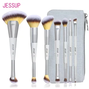 Jessup Makeup Brushes Set 3/7pcs Dual Ended Synthetic Foundation Blush Highlight Blending Eyebrow Brush with Bag Quiet Gray T520